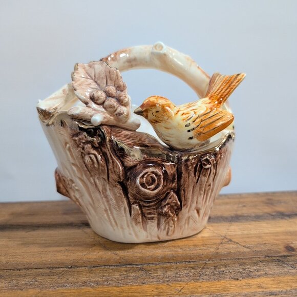 Ucagco Other - Vintage Ucagco Ceramics Bird on Tree Trunk Basket Figurine 5"